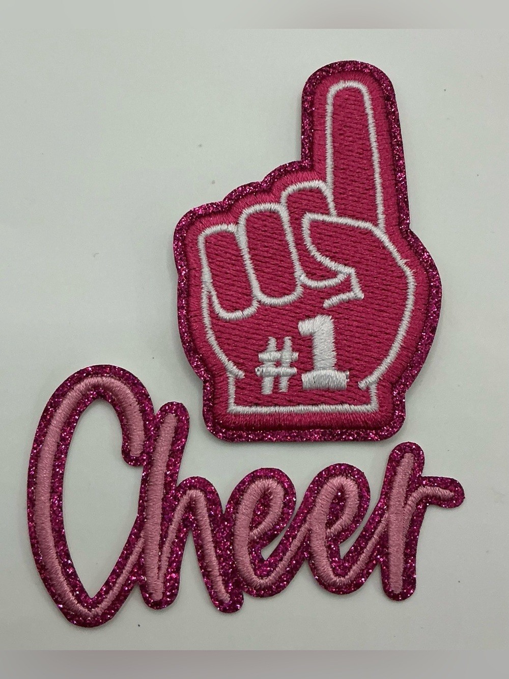 SET OF 2 PINK GLITTER CHEER FOAM FINGER PATCHES NWOT
